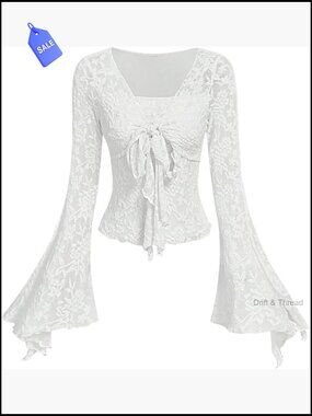 Y2K Floral Mesh Bell Sleeve Top Long Sleeve Going Out Tunic